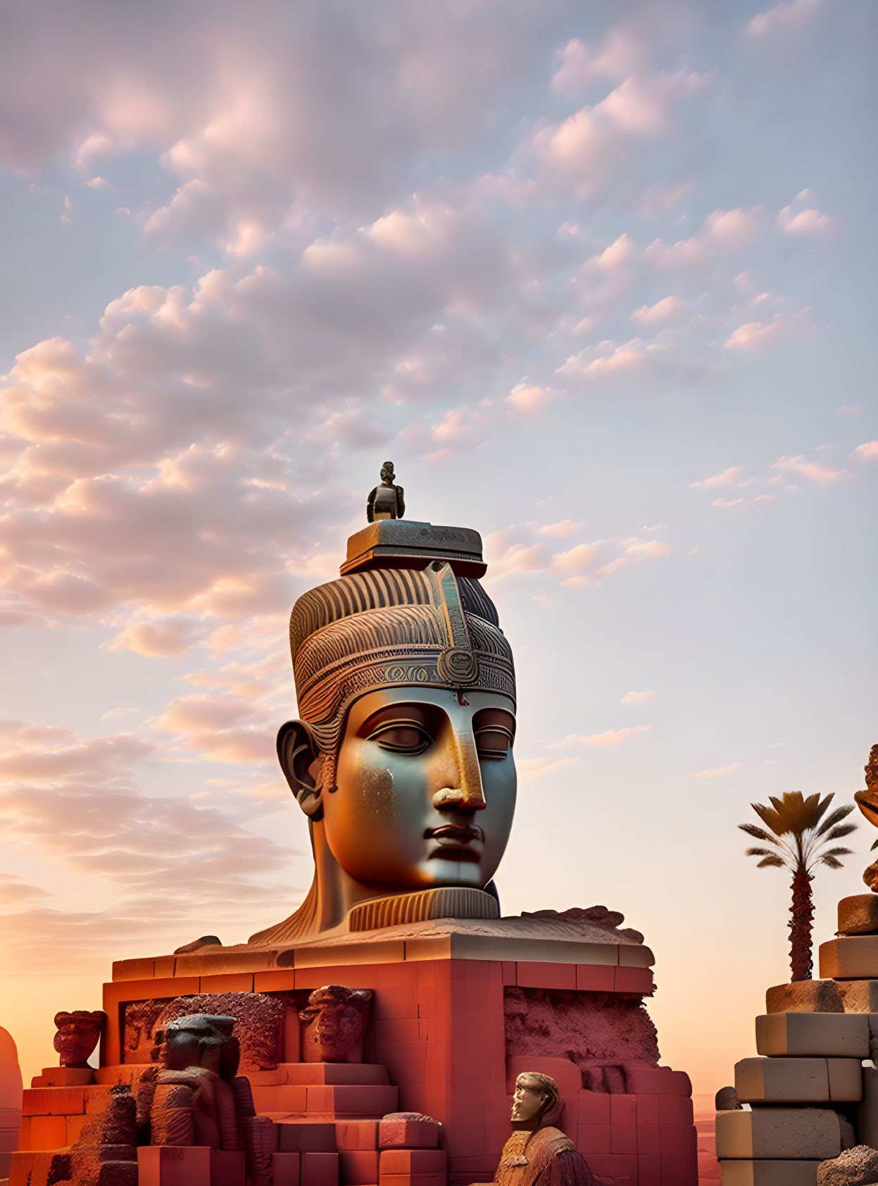 Monumental Egyptian Pharaoh Statue at Sunset