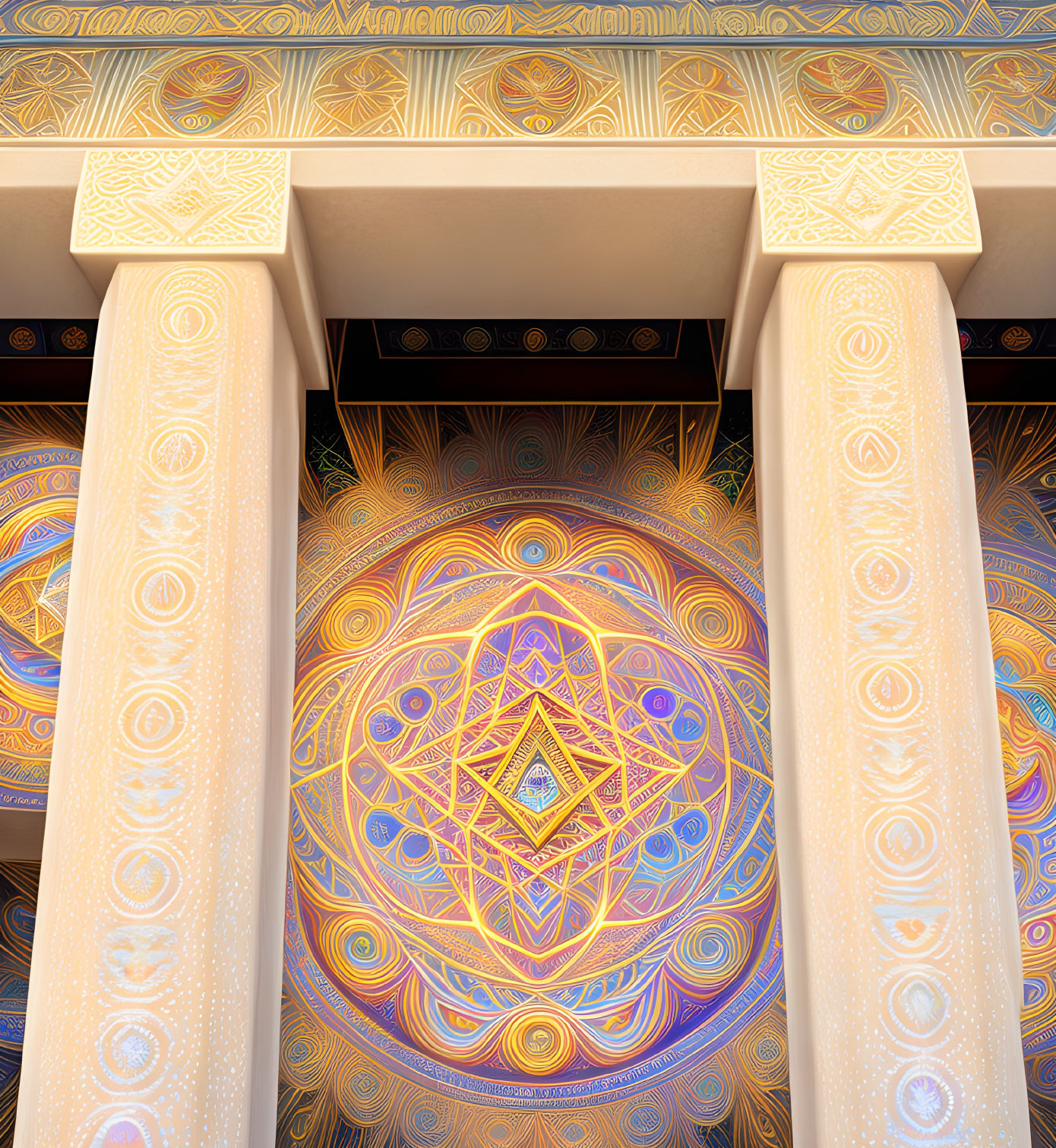 Colorful geometric mandala pattern framed by intricate columns and archway