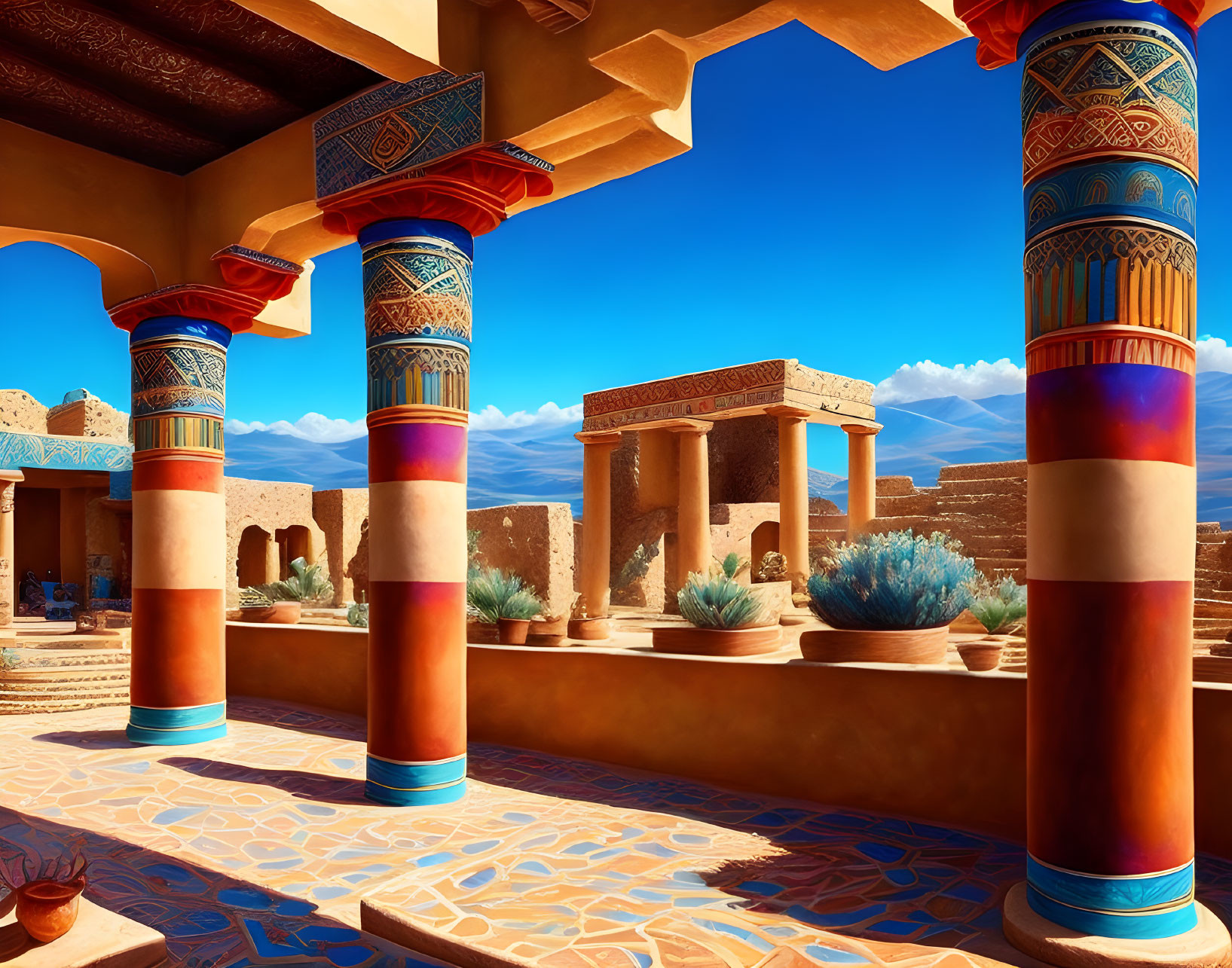 Colorful painted pillars in traditional architectural setting under blue sky with desert landscape.