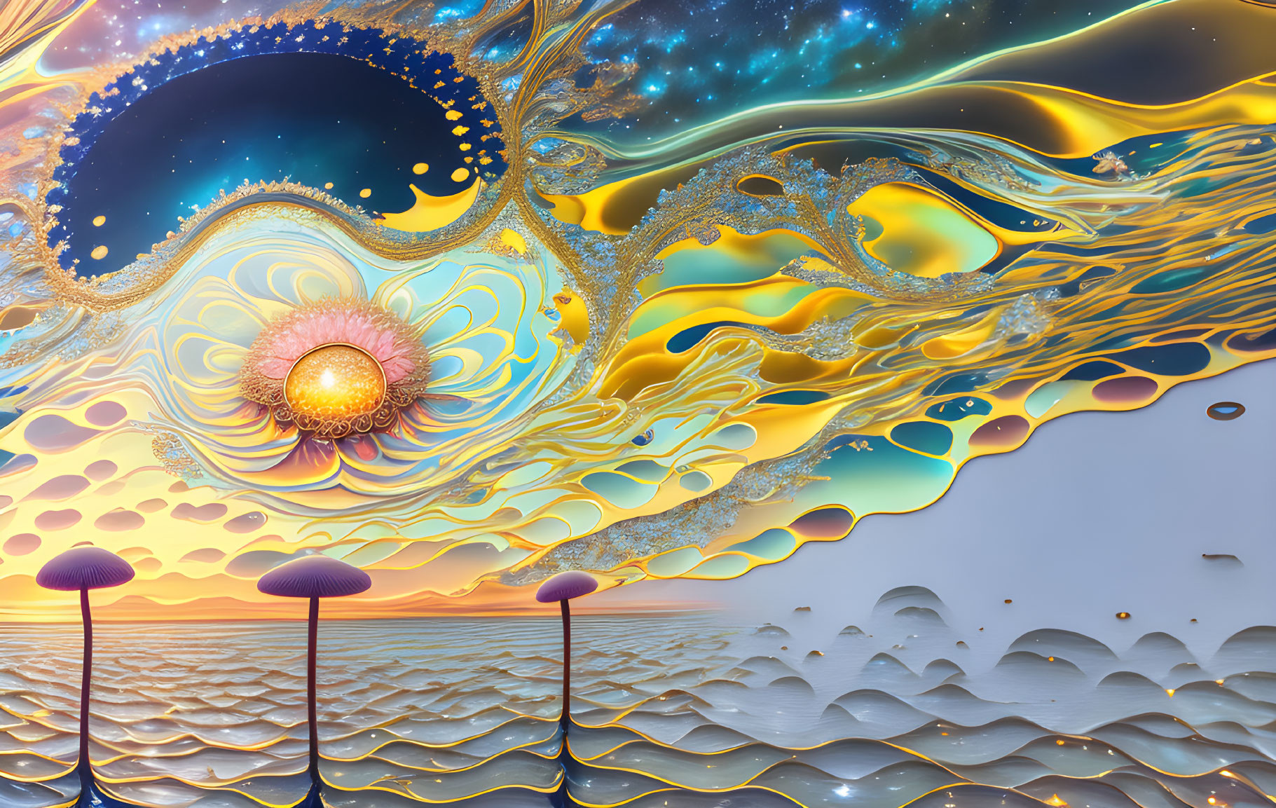 Abstract surreal landscape with cosmic elements and vibrant sky