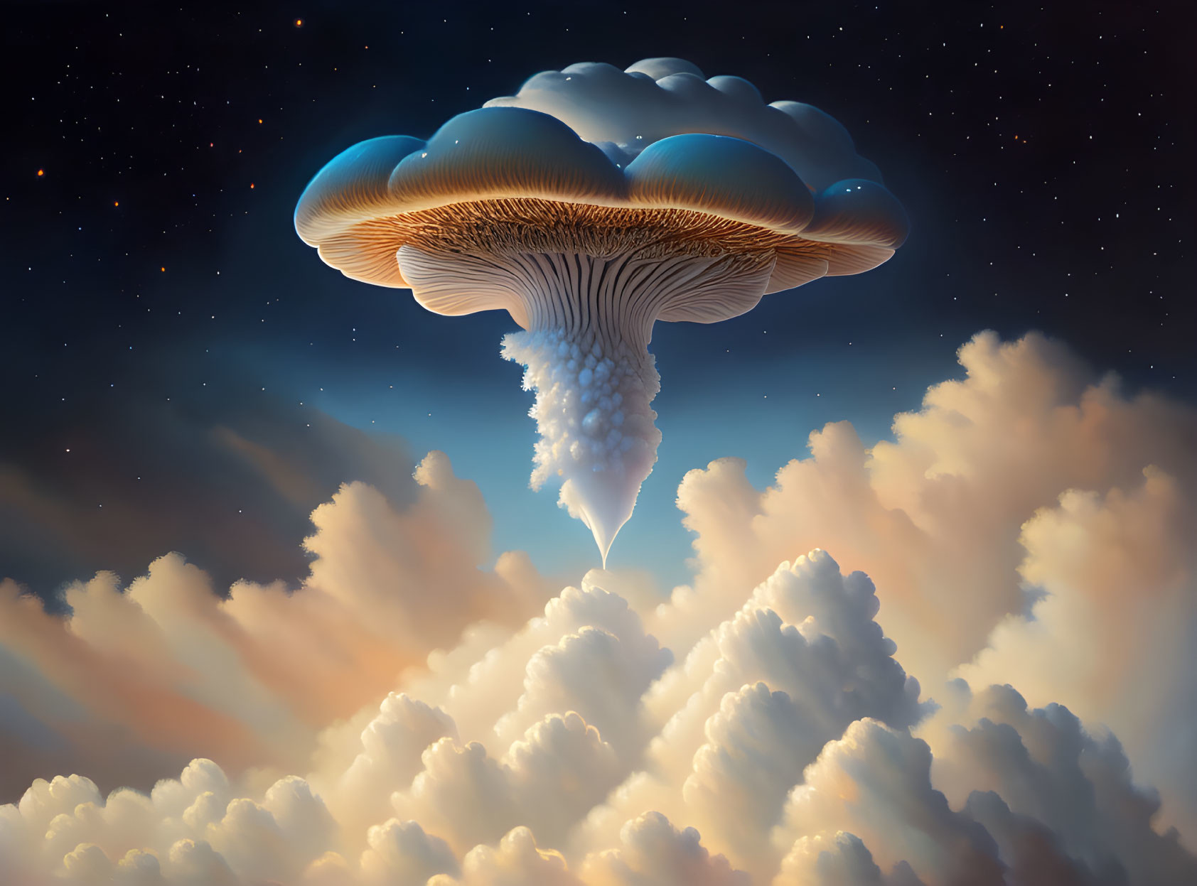 Digital artwork: Mushroom cloud like jellyfish in starry sky with fluffy clouds
