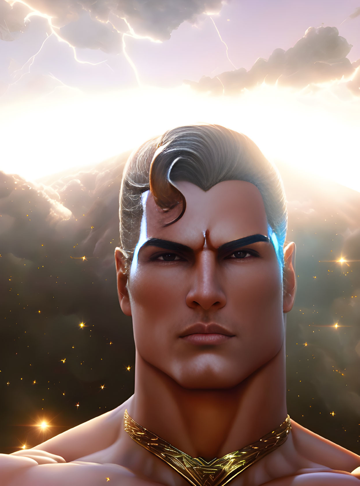 Male character portrait against dramatic sky with lightning and glowing particles
