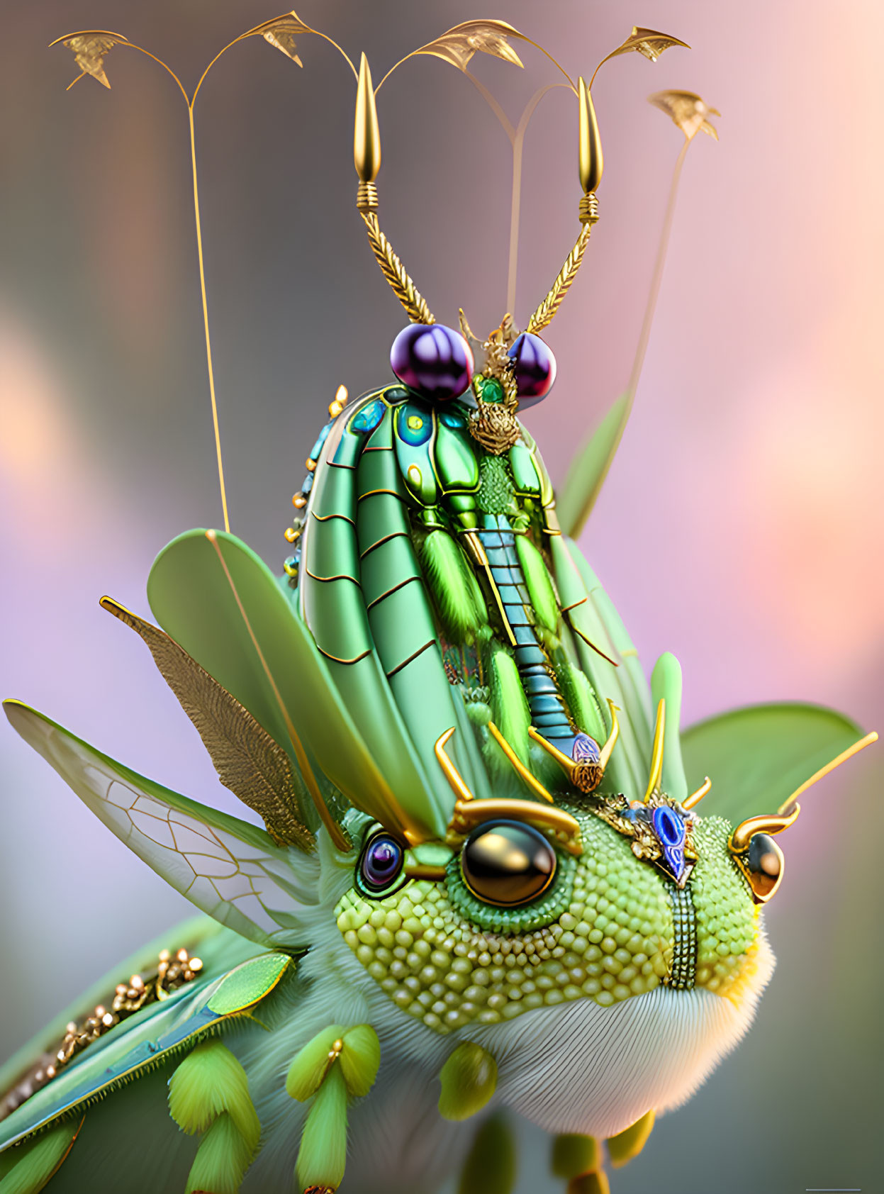 Hyper-detailed jewel-encrusted green insect on soft-focus pastel background