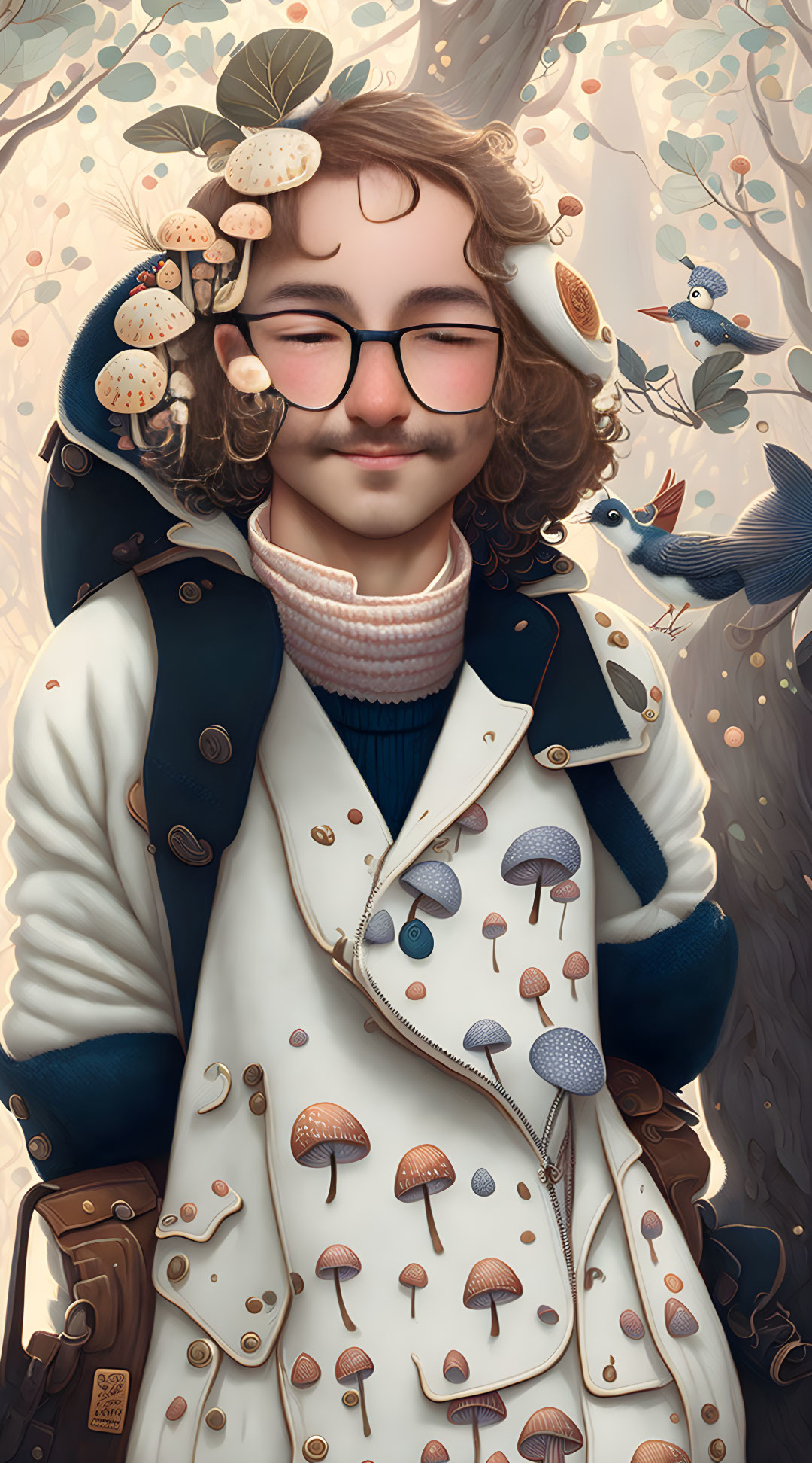 Illustration of person with curly hair, glasses, mushroom coat, birds, butterflies in dreamy scene