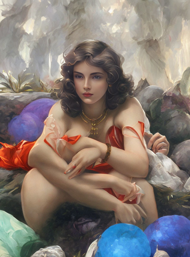 Digital painting of woman with wavy hair in red drape among multicolored eggs and crystal backdrop