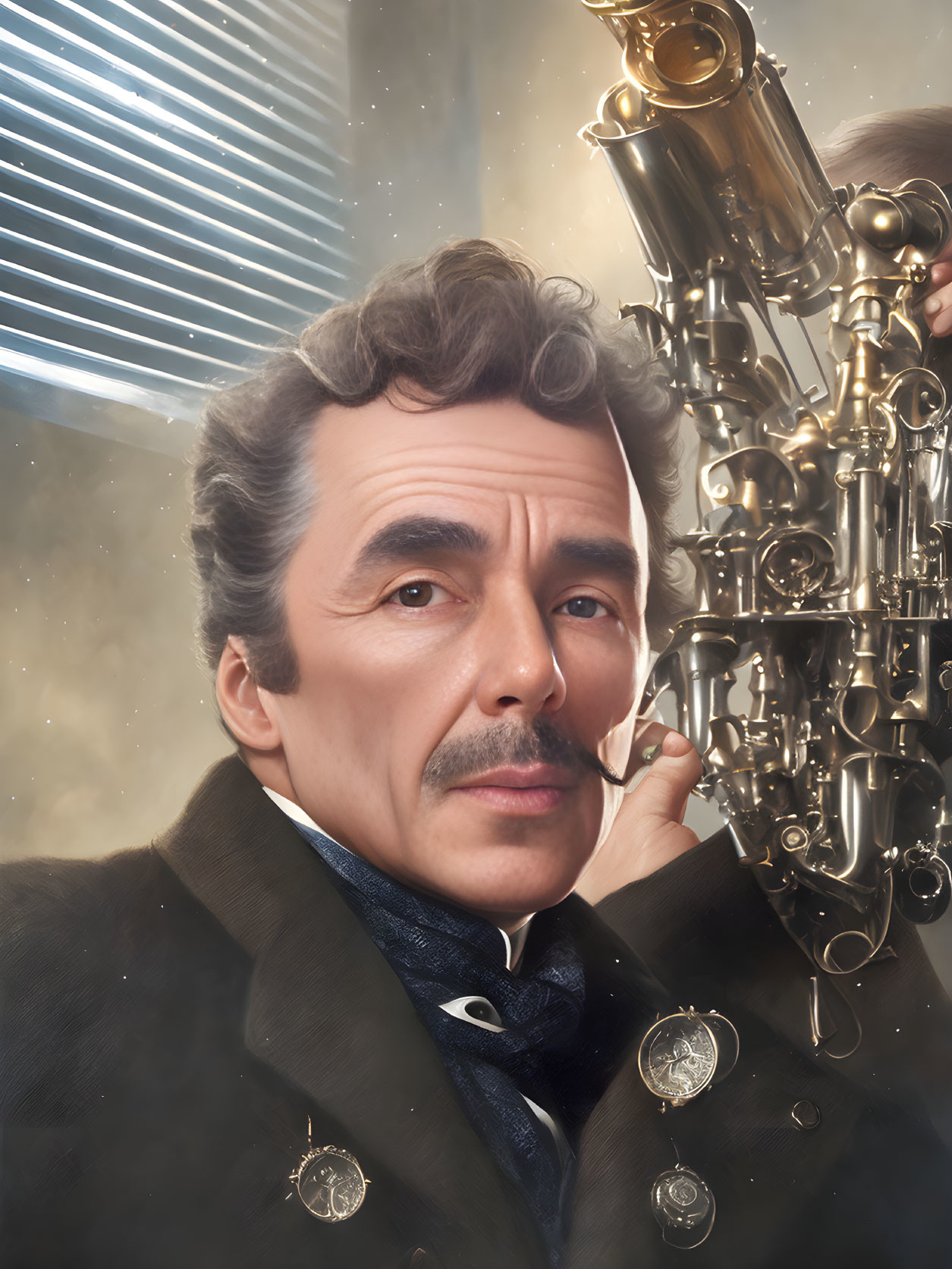 Victorian-Era Man with Mustache Holding Scientific Instruments