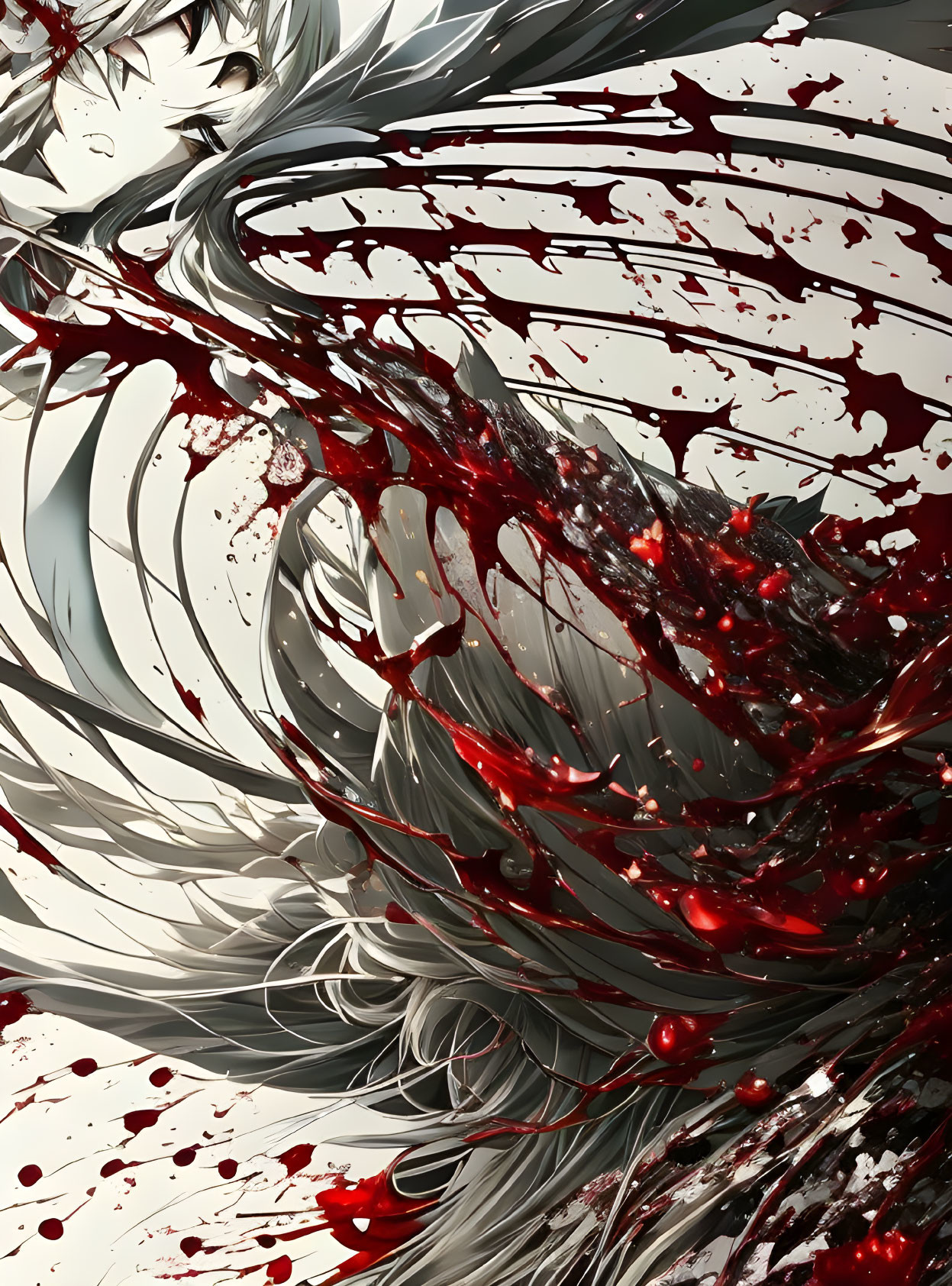 Winged Entity with Feathers and Red Splashes in Artistic Rendering