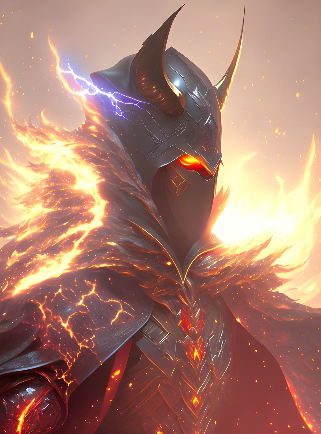 Illustration of armored figure with glowing red eyes engulfed in flames