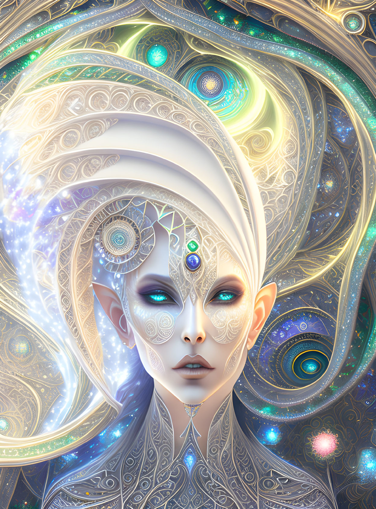 Ethereal Elf with Elaborate Silver Headpiece and Cosmic Patterns