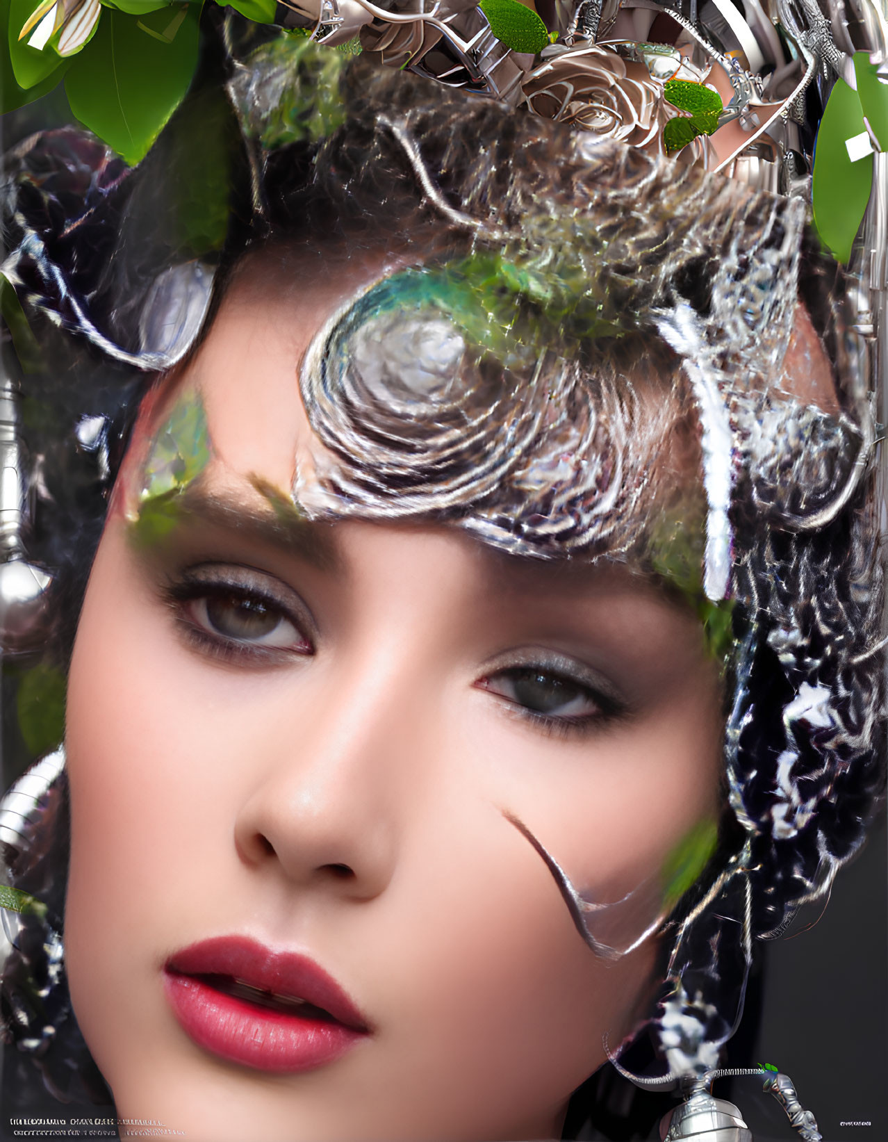 Detailed Close-Up of Woman with Artistic Floral and Water Makeup