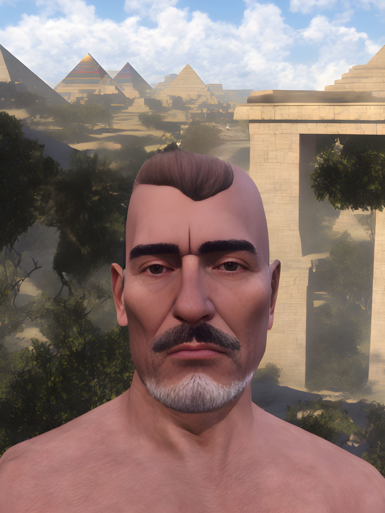 3D-rendered bald male figure with mustache and pyramids backdrop
