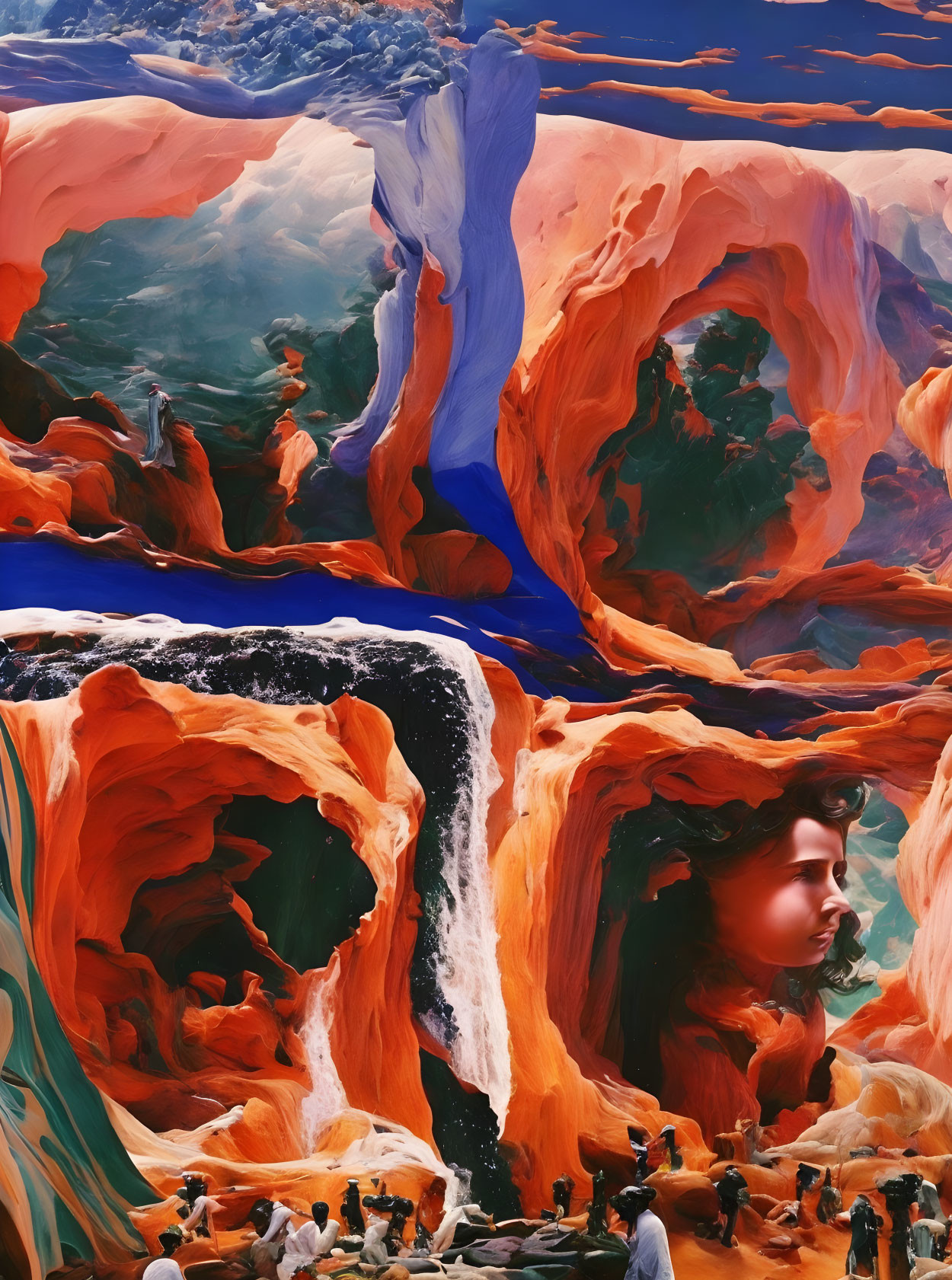 Vivid surreal landscape: waterfall, rocks, ethereal figures, giant's face