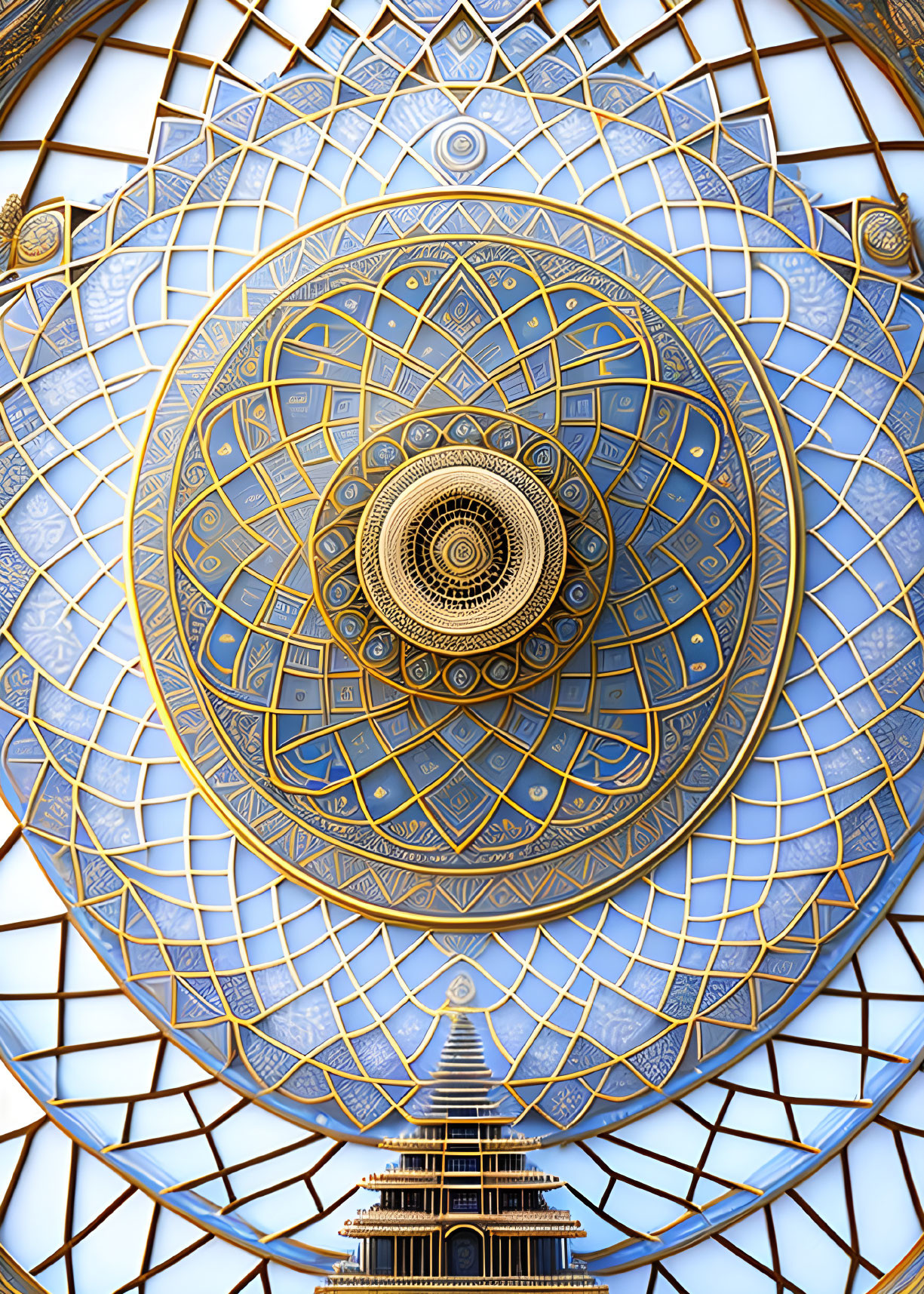 Golden Mandala with Geometric Design on Blue Background in White Ornate Structure