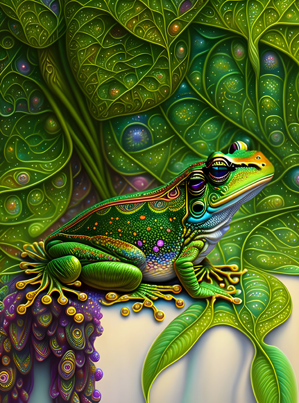 Colorful Frog Illustration Perched on Leaf with Whimsical Patterns