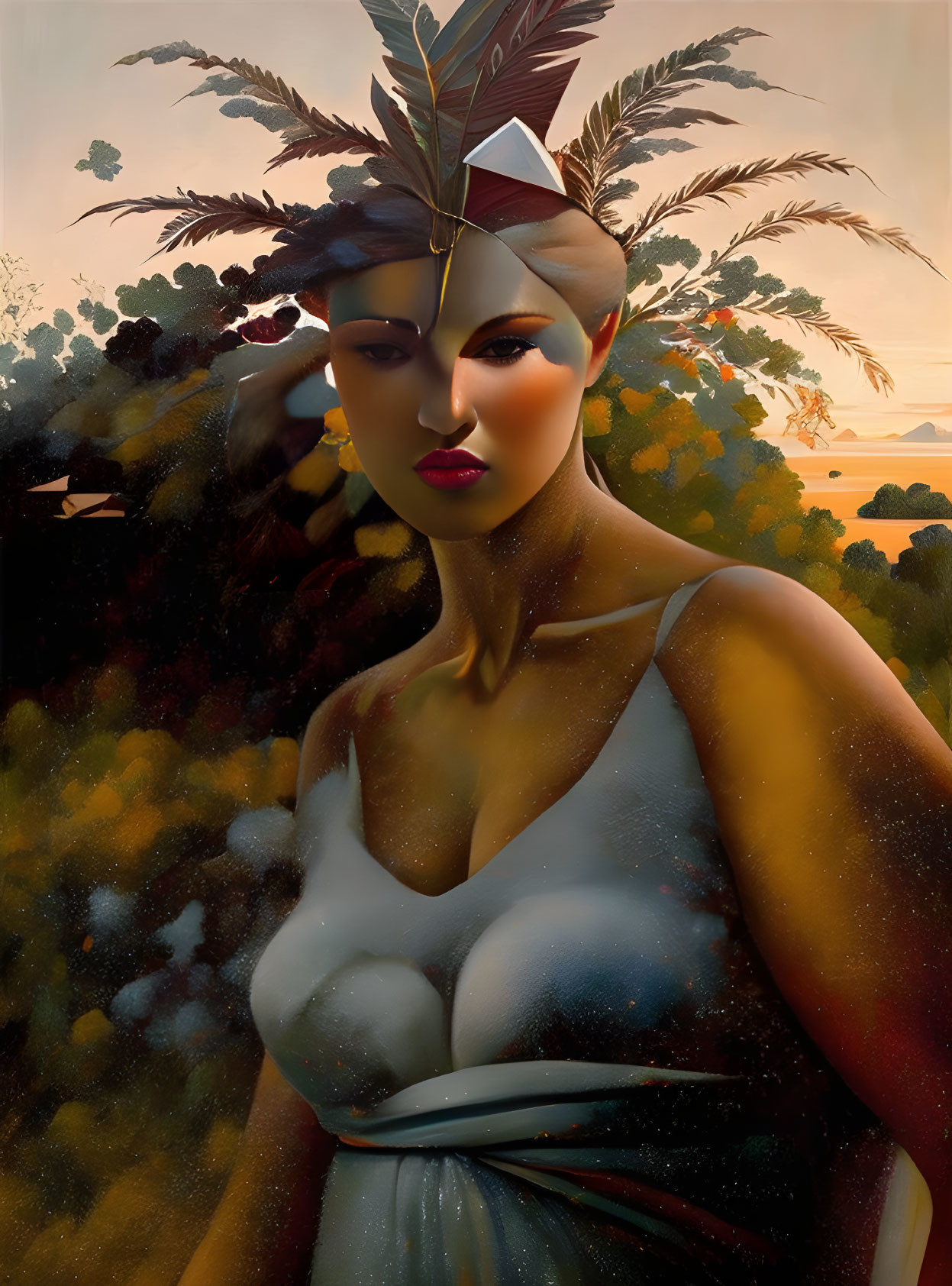 Surreal portrait of woman with feathered headpiece and golden skin