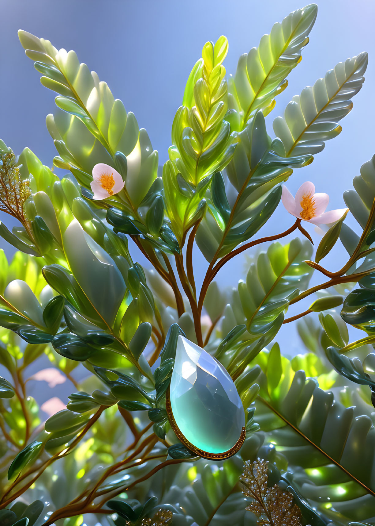 Green Leaves with Dewdrops and Blossoms Against Blue Sky
