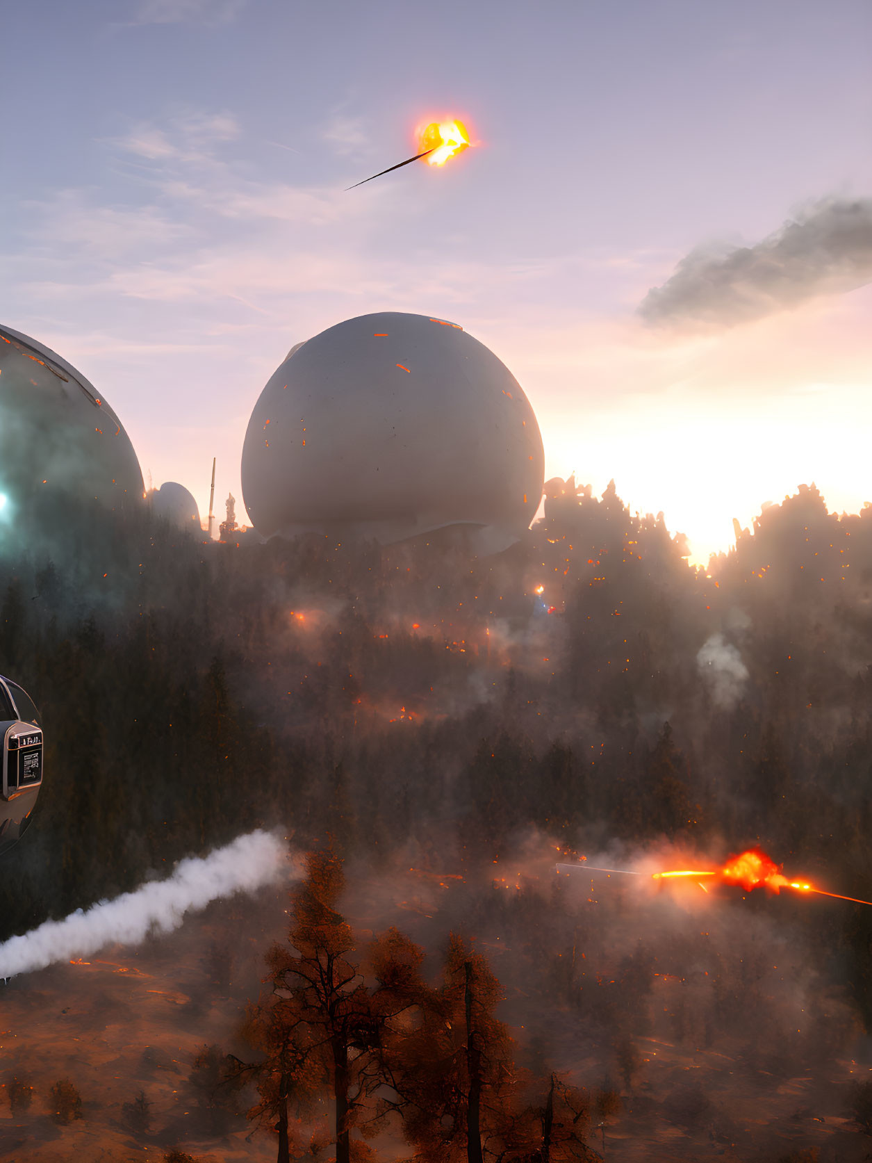 Futuristic domes in burning forest with descending fiery objects