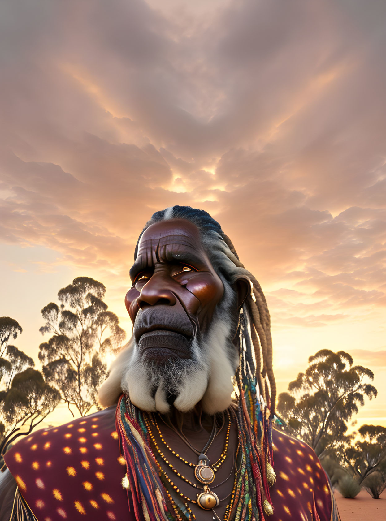 Elder with painted face and beads gazing at sunset in Australian Outback