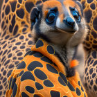 Surreal giraffe with glowing orange patterns on body in desert landscape