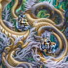 Detailed digital artwork of swirling dragons in mystical forest
