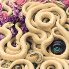 Beige Snakes Among Purple Roses with Eyes-themed Surreal Image