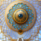 Golden geometric emblem with wings, shield, and bird motif on blue background