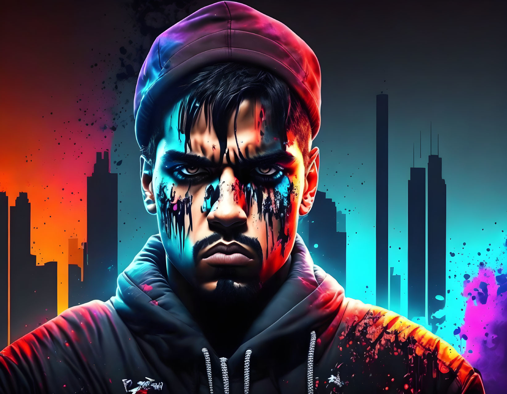 Vibrant digital artwork: intense-eyed man with paint-dripping face against colorful cityscape