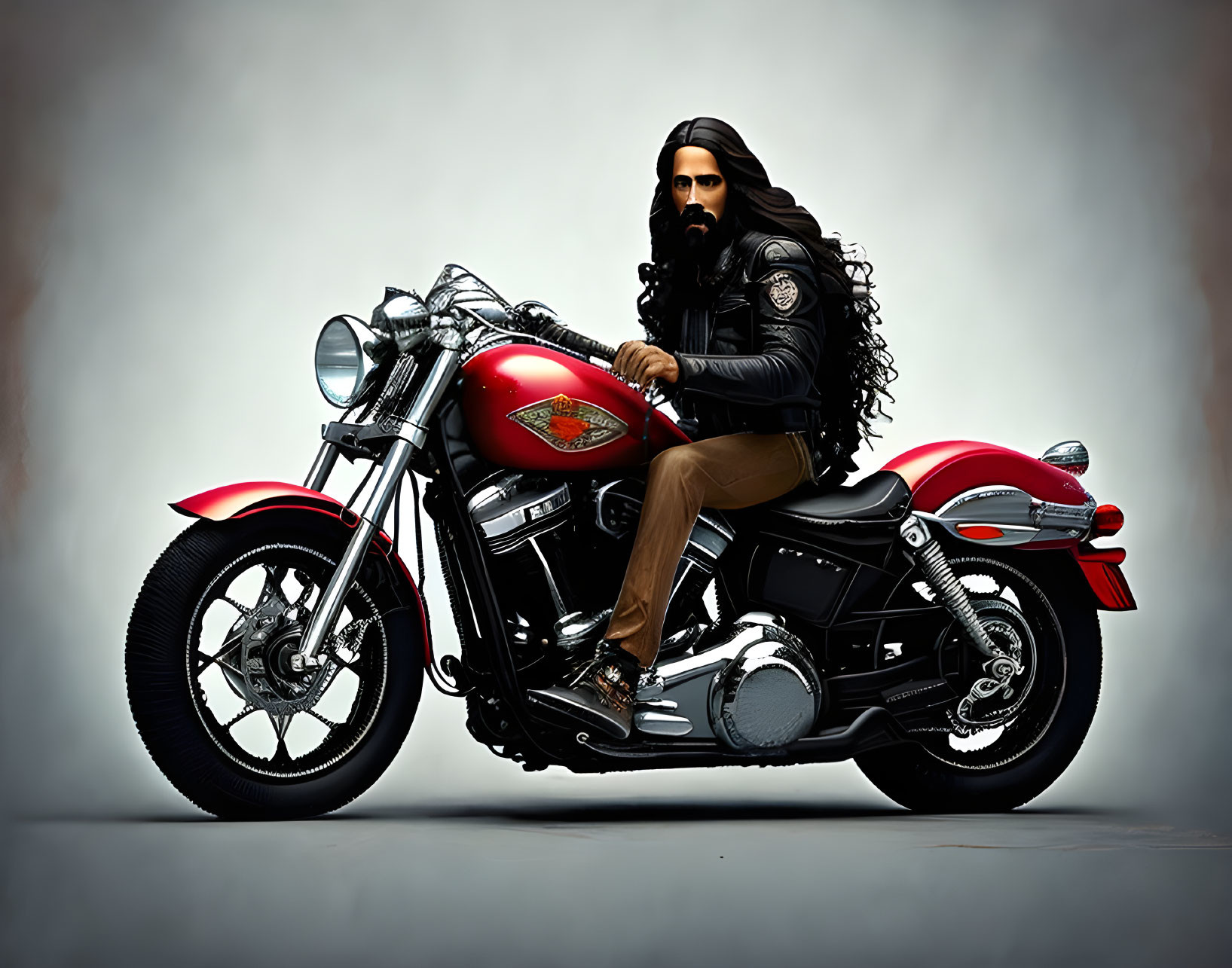 Bearded man in black leather jacket on red motorcycle against grey backdrop