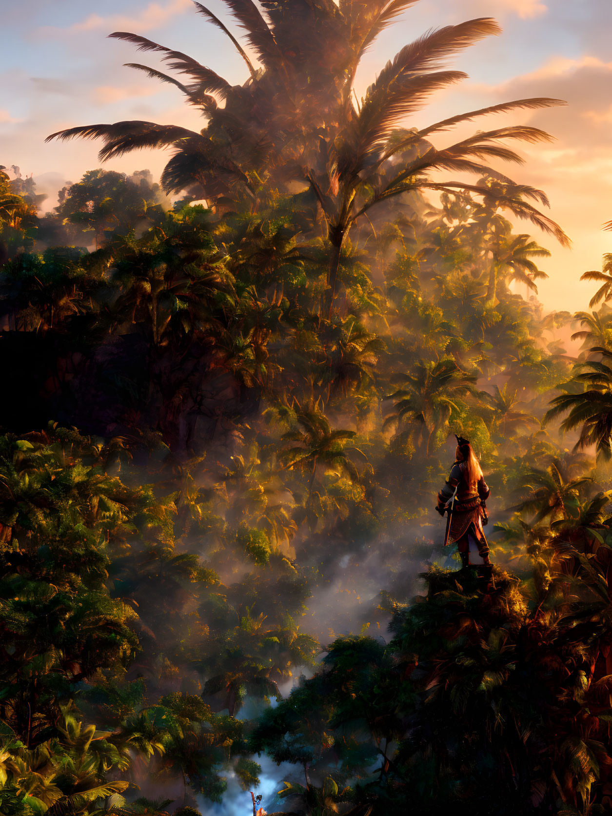 Figure in lush jungle at sunrise overlooking misty landscape