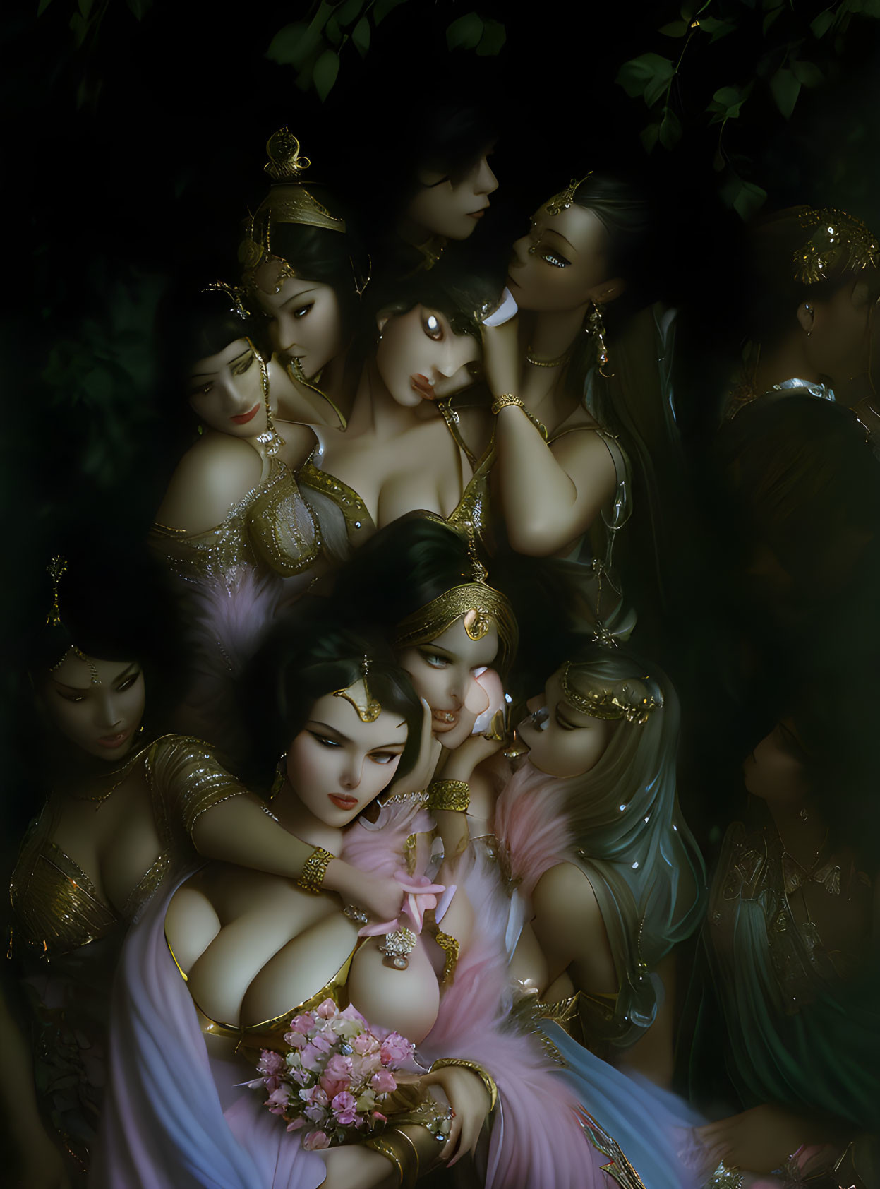 Stylized women in gold and pastel attire with an ethereal appearance, surrounded by darkness and