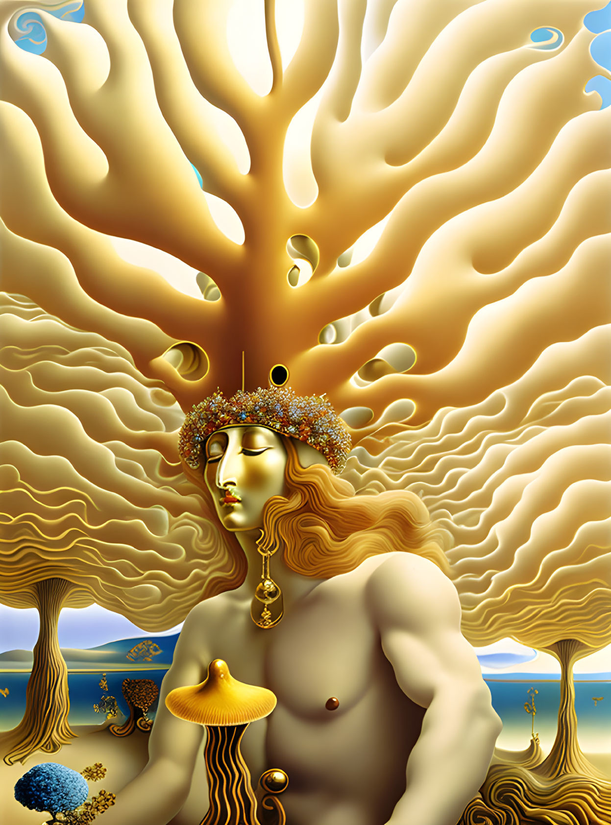 Surreal artwork: Figure with tree head on golden background