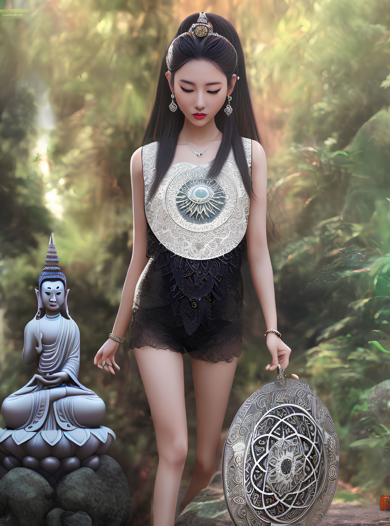 Detailed Illustration of Woman in Lace Top and Shorts with Shield and Buddha Statue
