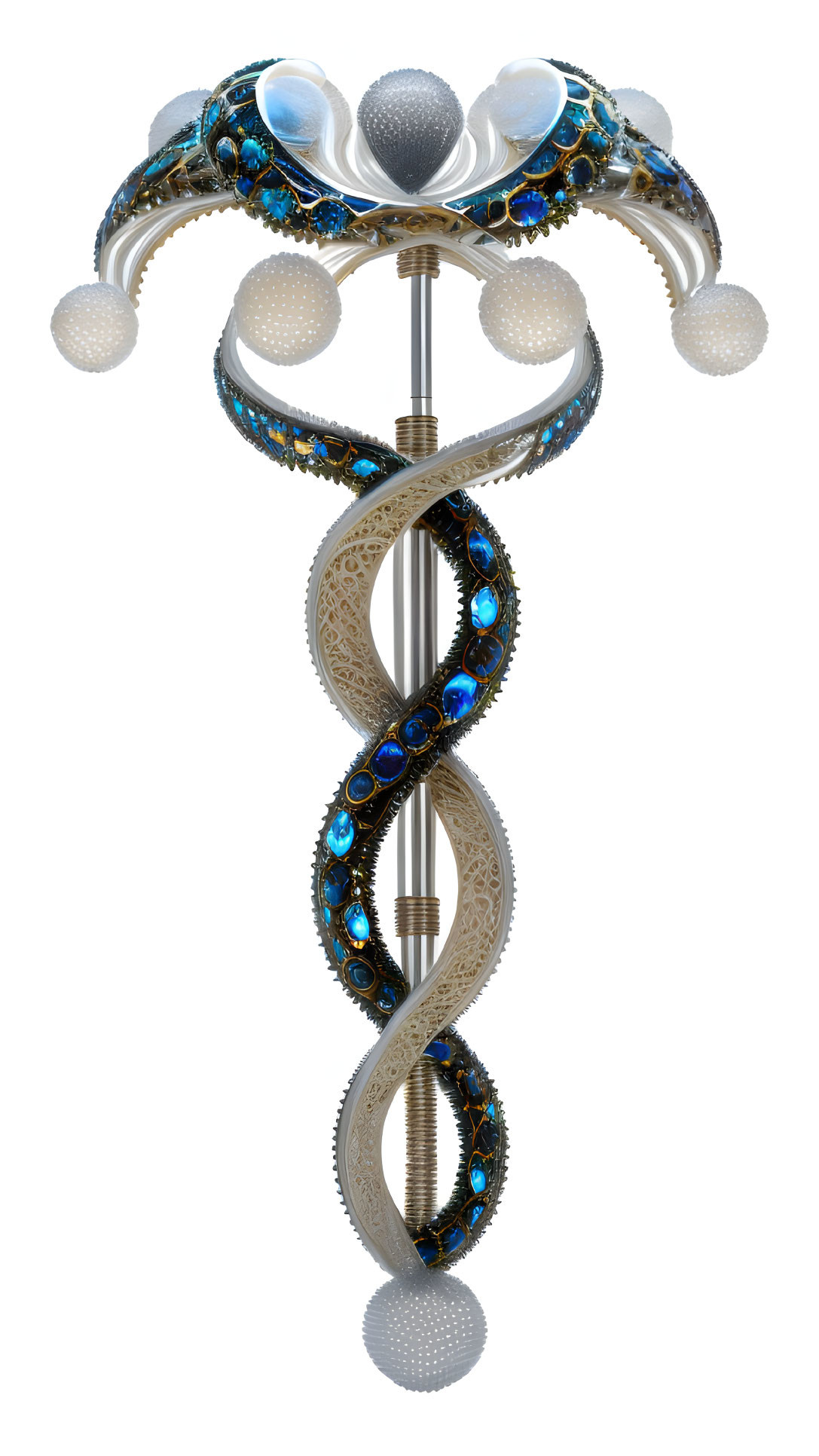 Helical DNA-inspired structure adorned with blue gems, pearls, and gold accents