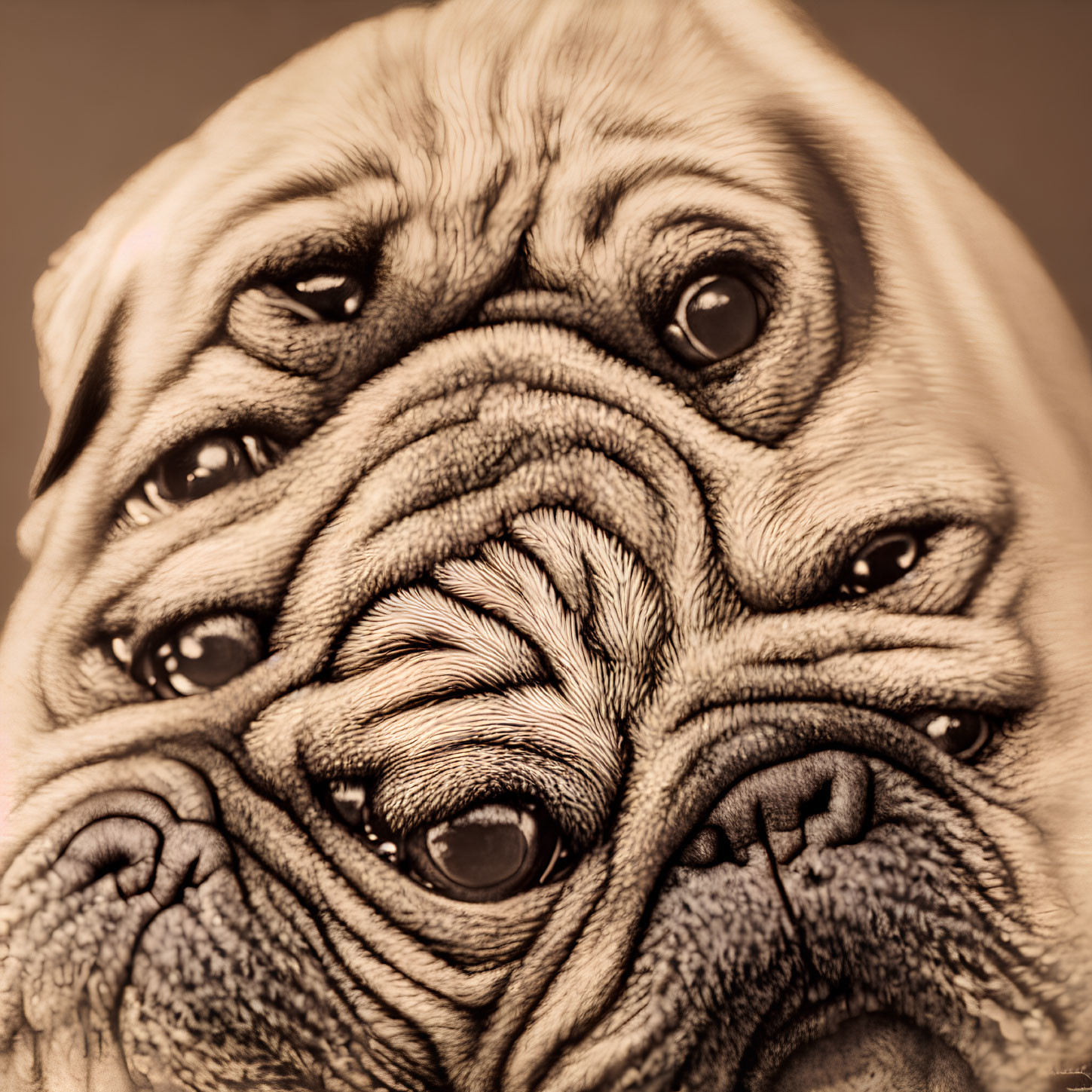 Detailed Close-Up Illustration of Wrinkled Pug with Big Eyes