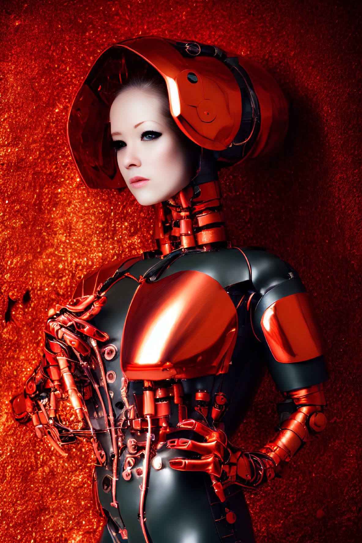 Reflective red humanoid robot with futuristic helmet on red backdrop