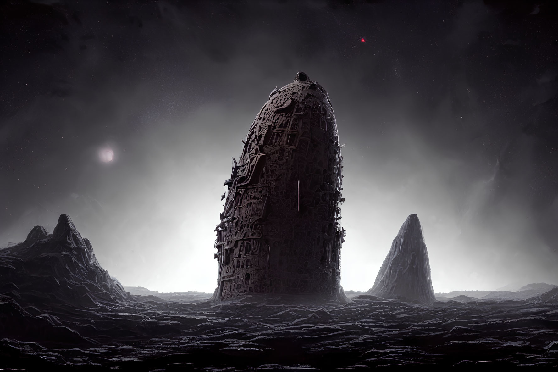 Monolithic structure on dark rocky landscape under star-filled sky
