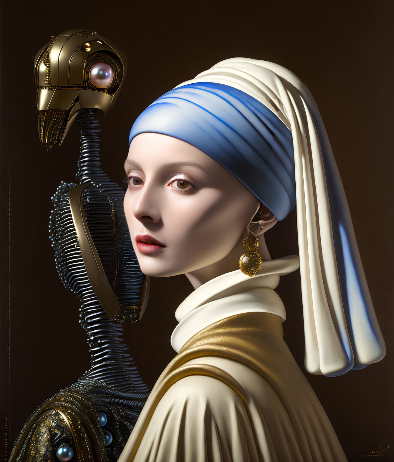 Portrait featuring woman in white and blue headdress with futuristic robotic arm.
