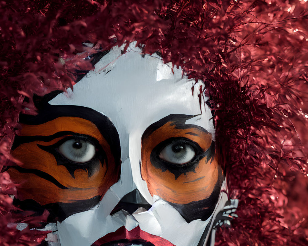 Person with Tiger-Inspired Face Paint in Red Foliage