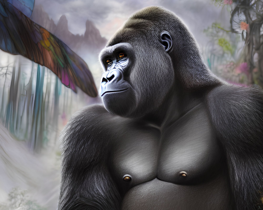 Realistic silverback gorilla illustration in contemplative pose amidst vibrant forest.