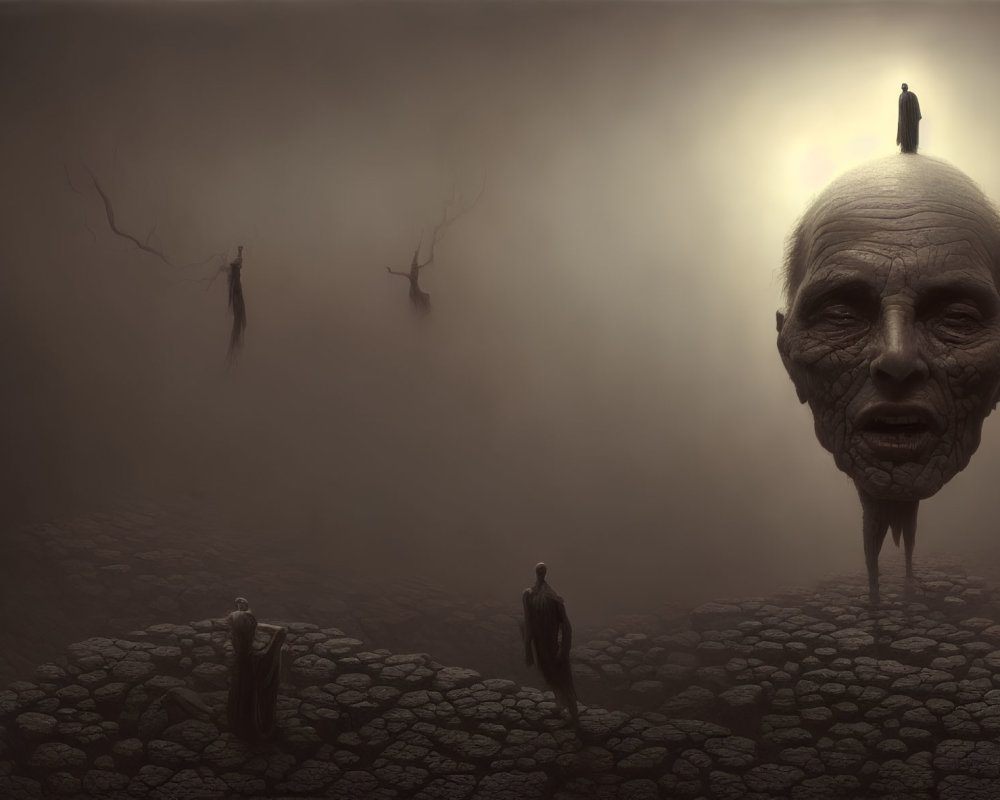 Surreal artwork featuring giant elderly face in mist with small figures.