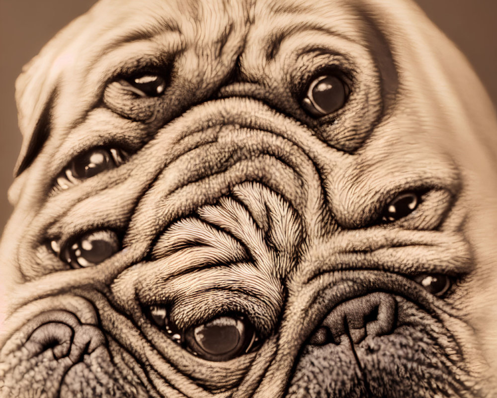 Detailed Close-Up Illustration of Wrinkled Pug with Big Eyes