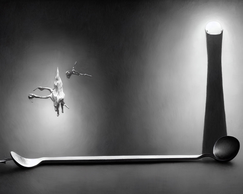 Surreal black and white artwork: tiny people diving into spoon pool, illuminated by giant fork with