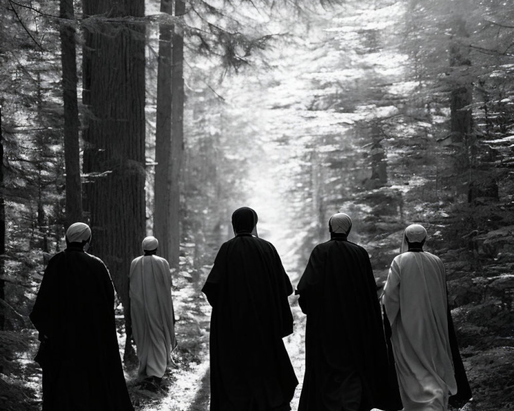 Monochrome image of five figures in robes walking in misty forest