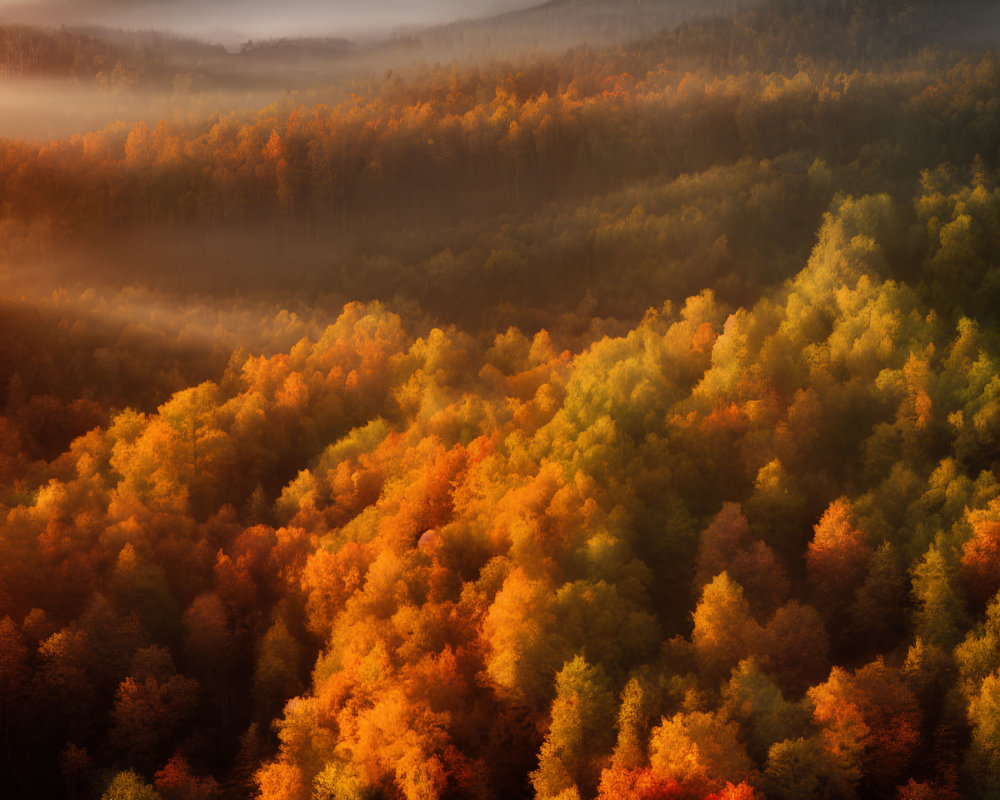 Autumn forest aerial view with orange and yellow canopy under warm light and mist.