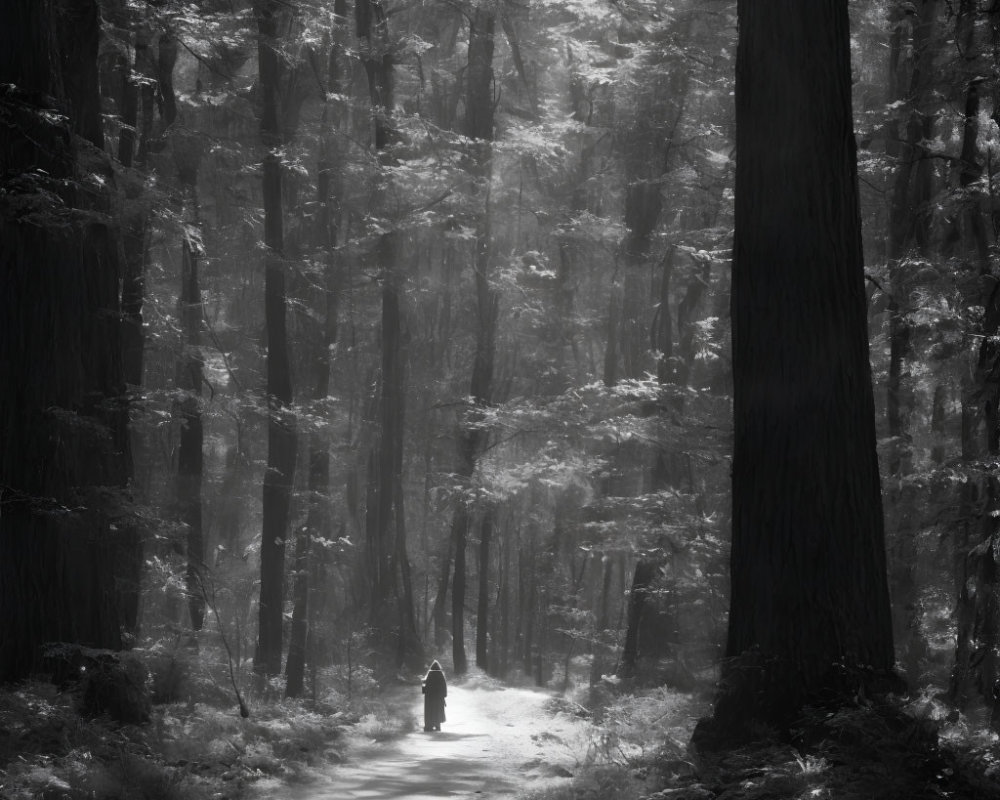 Figure walking on forest path among towering trees with misty light.