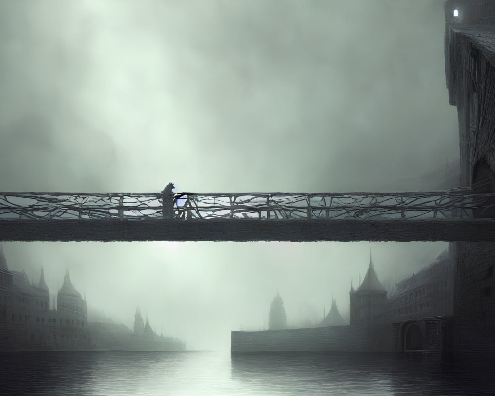 Solitary figure walking on narrow bridge in misty gothic cityscape