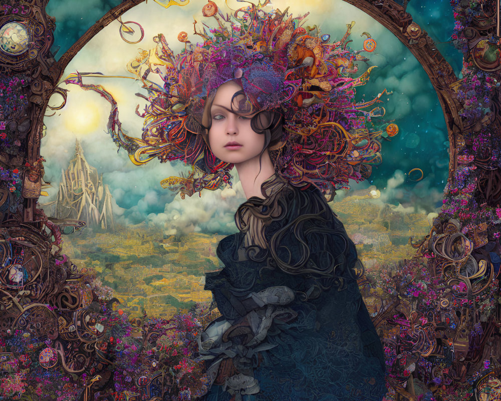 Colorful headdress portrait in dreamlike landscape with celestial frames