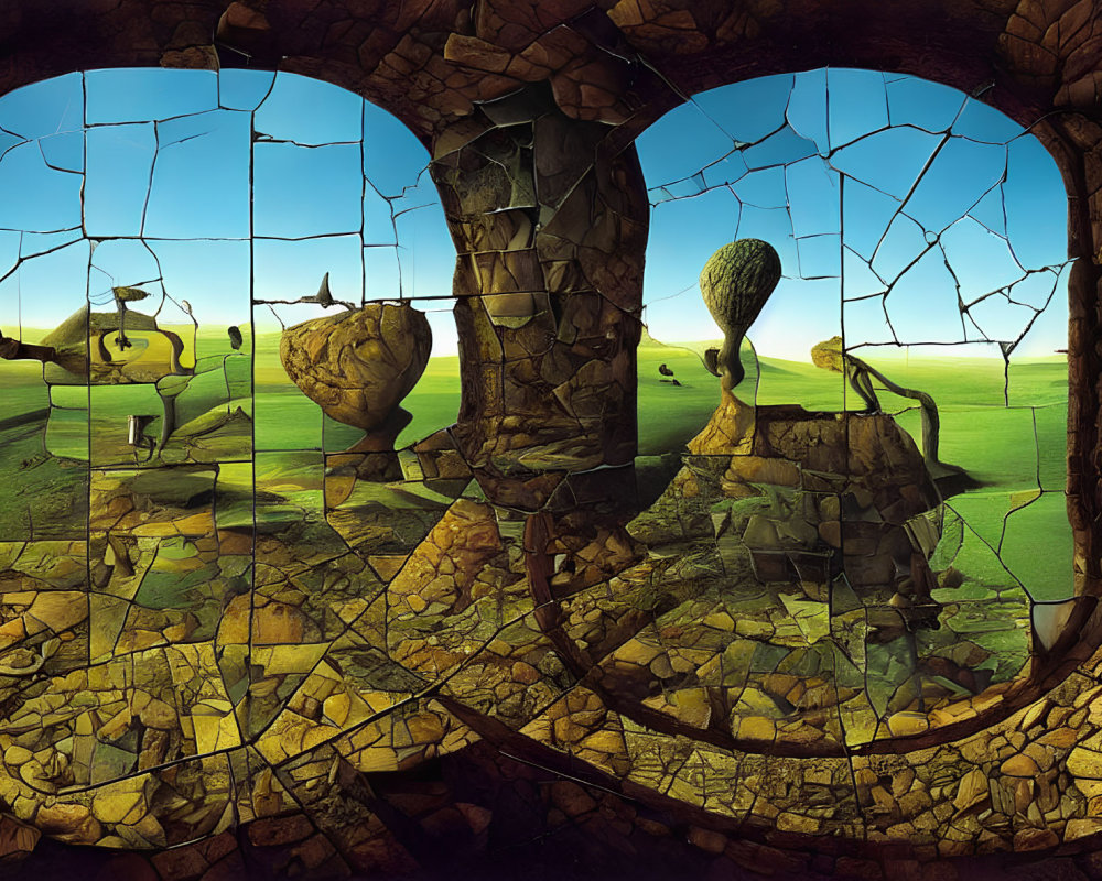 Surreal landscape with distorted fields, tree, and floating islands through broken window