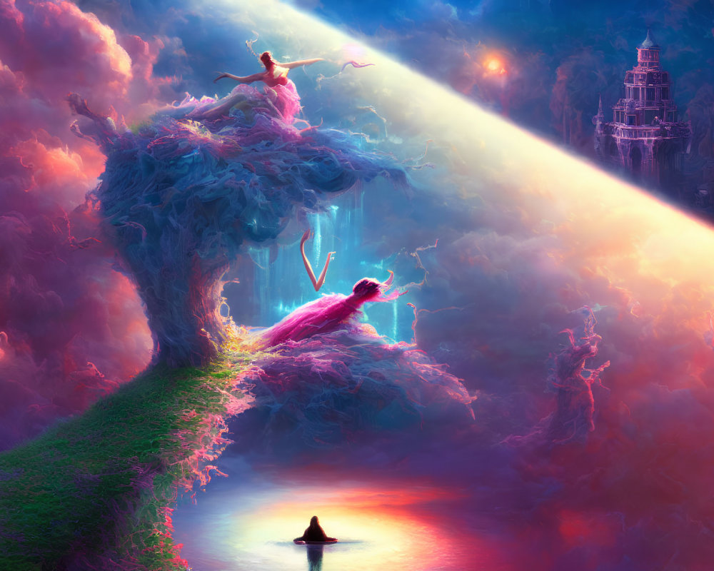 Colorful fantasy landscape with cascading water, figures on tree, boat, and structure.