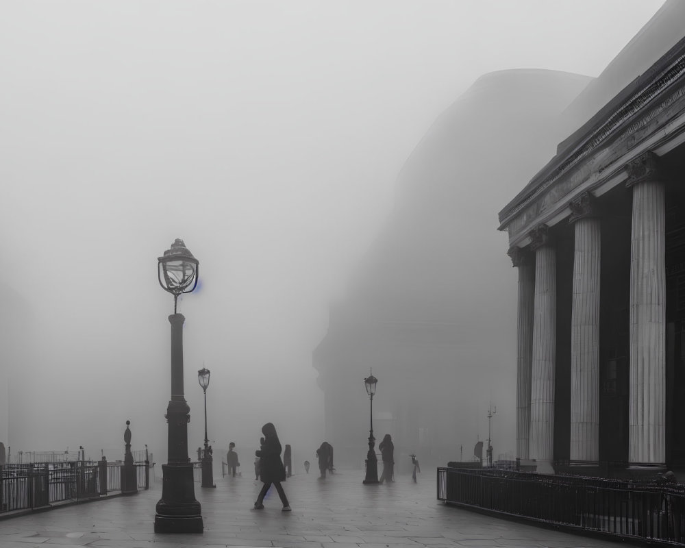 Misty urban scene with vintage street lamps and classic architecture in fog